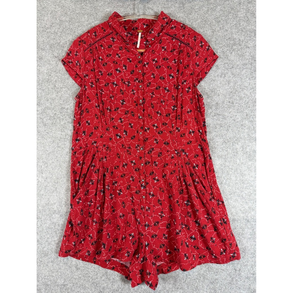 Free People Floral Button Front Romper Womens XS Red Excellent Short Sleeve
